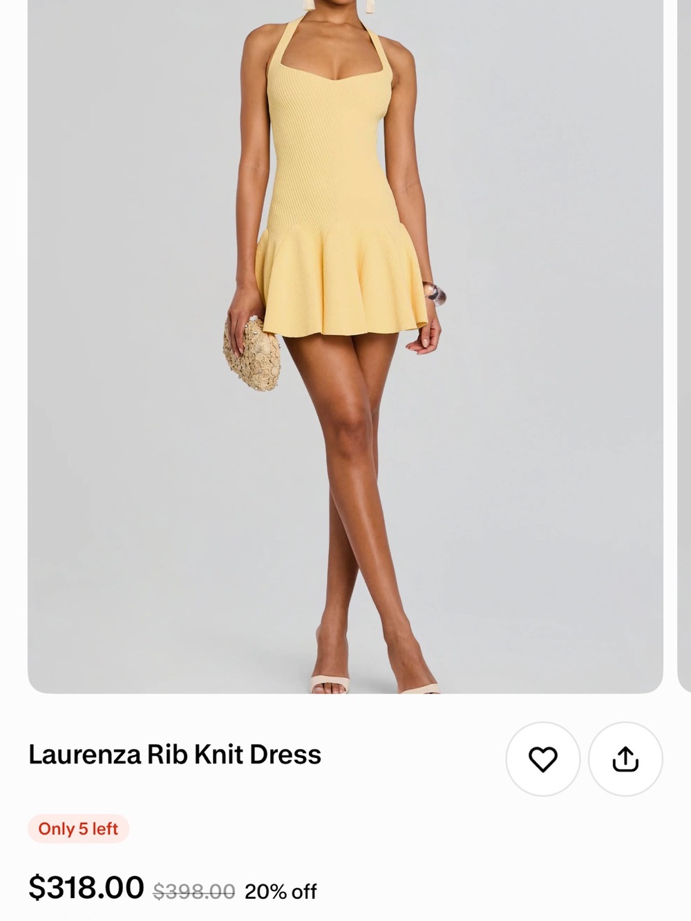 Retrofete Yellow Ribbed Halter Mini Dress